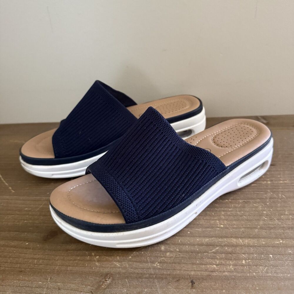 Mysoft Women Comfy Slide Sandals Air Cushion Knit Slip On Wedge Sz 8  Navy Blue